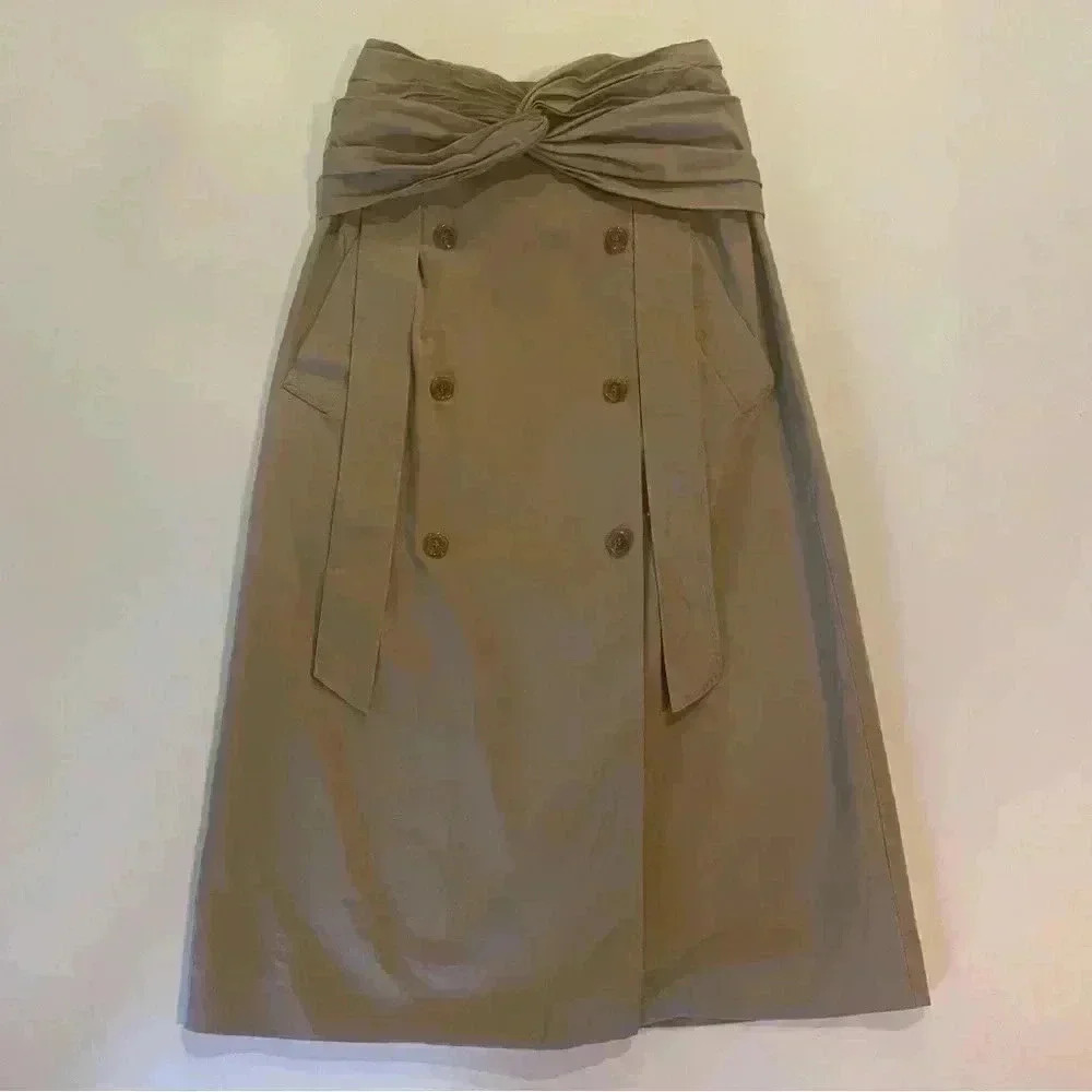 Rokh Midi Skirt 38 4 S Brown Beige Tan Twist Front Button Embellished Cotton - Picture 7 of 16